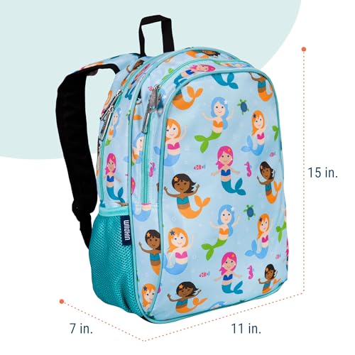 Image of Wildkin 15 Inch Backpack for Kids, Mermaids | Ages 5-10, padded straps, side water bottle pocket - coordinates with matching Wildkin lunch boxes and water bottles