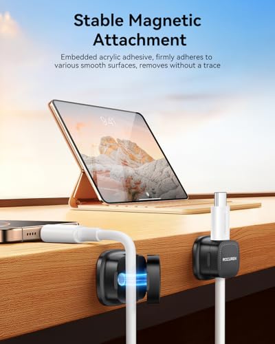 Image of 8 Pack Magnetic Cable Clips, Rocoren Under Desk Cord Holder Cable Management-1s Lock, Adhesive Cord Cable Clip Wire Holder Keeper Organizer for Phone Car Home Office Desk Wall Desktop Nightstand