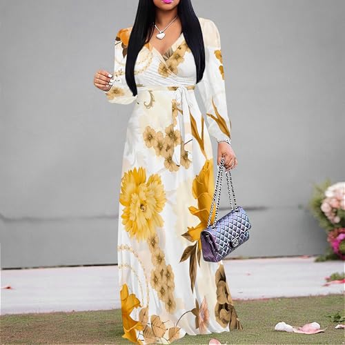 Image of Women's Maxi Dresses Yellow Fall Plus Size Church Floral Long Sleeve Wrap Formal Dress Boho Wedding Garden Party