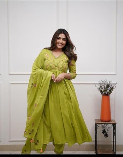Image of Preeson Women's Pure Cotton Embroidery V Neck Kurti with Pants and Dupatta Set