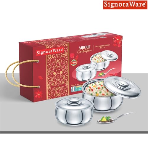 Image of Signoraware Hot Delight Stainless Steel Casseroles| Insulated Food Warmers| Easy to Clean| Retain Freshness For Hours| Odor-Free| Perfect for Gifting (1Ltr & 1.5Ltr| Set of 2| Steel)