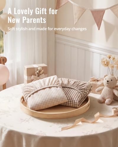 Image of Blissful Diary Muslin Bassinet Sheet, 2 Pack, Beige Gingham & Brown Gingham | fitted for bassinet mattress, soft and breathable cotton, boho style, easy care for machine wash, gift for boy and girl