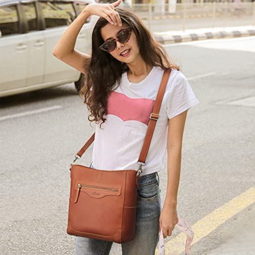 S-ZONE Women Genuine Leather Bucket Shoulder Bag Vintage Crossbody Purse with Outer Pocke - Image 3