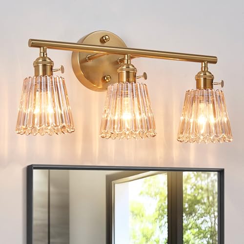 Psylumina 3-Light Bathroom Vanity Light, Brushed Brass Gold Vintage Wall