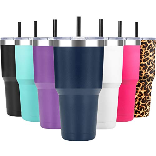 ALOUFEA 30oz Stainless Steel Tumbler, Insulated Coffee Tumbler Cup with Lid and Straw, Double Walled Travel Coffee Mug for Hot & Cold Drinks (Navy Blue, 1 Pack)