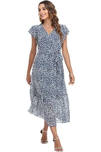 Image of VintageClothing Womens Sundress Casual Floral Summer Boho Dress | Flowy Wrap V Neck Ruffle A-Line Pleated Hem Midi Dresses