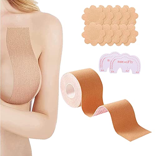 Boob Tape And 12 Pcs Petal Backless Nipple Cover Set, Breathable Breast Lift Tape Boobytape For Breast Lift Athletic Tape With Silicone Breast Petals Reusable Adhesive Bra For A-E Cup Large Breast #TOP1