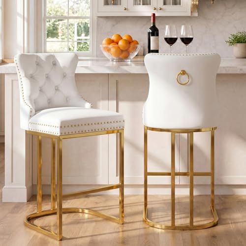 Image of UVV Counter Height Bar Stools Set of 2, 26 inch Modern Barstools with Back, Frbric Upholstery Counter Chairs with Metal Legs for Kitchen Island, Bar, Counter, White