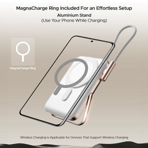 Image of Boat Energyshroom PB330 MagnaCharge 10000 mAh Magnetic Wireless Power Bank w / 15W Wireless Charging, Metal Stand,Magnacharge Ring for iPhone and Android Phones w /Wireless Charge(White)