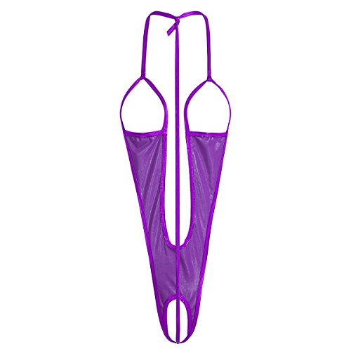 dPois Womens Shiny Metallic Leather Slingshot Mini Bikini Thongs Leotard Bodysuit Swimwear Purple Free Size dPois Womens Shiny Metallic Leather Slingshot Mini Bikini Thongs Leotard Bodysuit Swimwear Purple Free Size