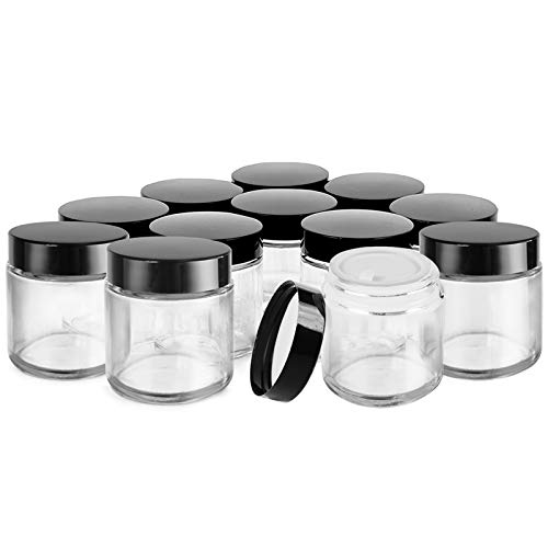 4 oz Glass Jars with Lids Small Spice Jars Glass with Black Lids Mini glass jars Clear Lotion Cosmetic body butter containers Empty little round paint cans, for Creams,Balms, Beauty Products (12 Pack)