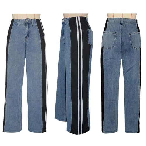 Women’s Stretchy Jeans with Patchwork Stripes High Waisted Loose Denim Color Block Jean Straight Leg Pants4