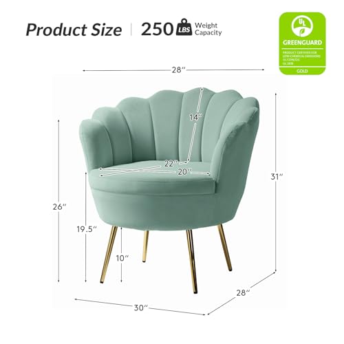 Image of HULALA HOME Modern Velvet Accent Chair with Shell Shaped Back, Cute Living Room Bedroom Armchair Sofa Chair with Gold Legs, Comfy Upholstered Vanity Chair for Makeup Room, Sage