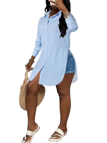 Image of LYANER Women's Collar Neck Long Sleeve Button Down Shirts Sexy Split Hem Tops Long Blouse Shirt Dress
