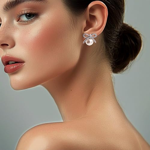 Jean Beau Gold Silver Pearl Bow Stud Earrings for Women, Dainty Pearls CZ Earring Wedding Prom Fashion Jewelry Gift2