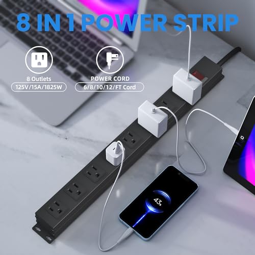 Image of 8 Outlet Metal Power Strip 10ft,Workshop Heavy Duty Power Strip Wide Spaced with Long Cord for Kitchen,Office,School,Commercial,Industrial,1825W /125V /15A,Black (10FT)
