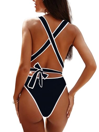 Image of Lilosy Sexy Tie Criss Cross Plunge One Piece Thong Swimsuit High Cut Brazilian Bathing Suit