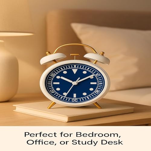 Image of STL Retro Twin Bell Alarm Clock with Night LED | Loud Bedside Alarm, Non-Ticking Silent Sweep, Metal Frame Table Clock for Students, Bedroom & Office (Sky Blue & White)