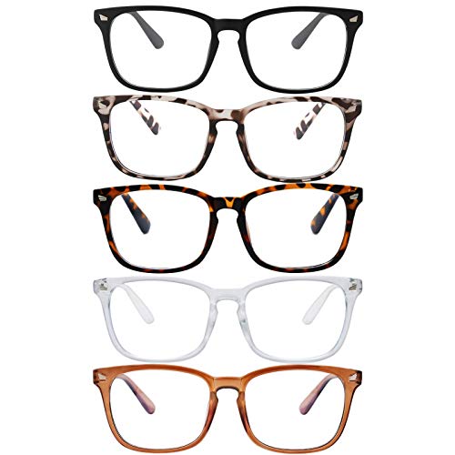 Blue Light Blocking Glasses,Square Nerd Eyeglasses Frame Anti Blue Ray Computer Game Glasses Anti Eyestrain & UV(5Pcs) (Black/Leopard/White/Tortoiseshell/Brown)