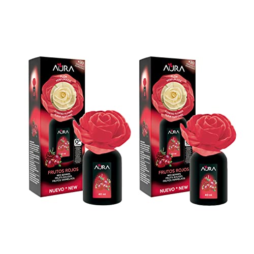 AURA. Pack 2 Ambientadores Flor Perfumada 40ml Aroma Frutos Rojos. Más de 4 semanas de duración. (2x40ml)