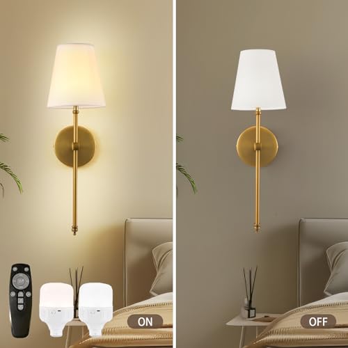 Image of HOXIYA DIMMABLE Battery Operated Wall Sconces Set of 2, Rechargeable Wireless Gold Wall Lighting with Remote Control, Farmhouse Wall Lamp with Detachable Charging Light Bulb for Indoor Bedroom Brass