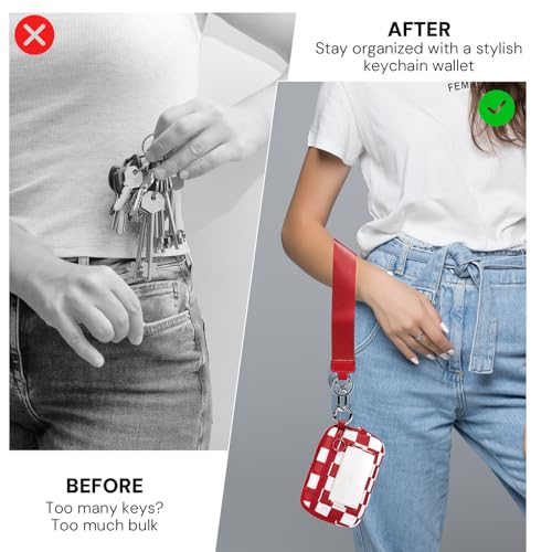 Image of Keychain Wallet for Women with Clear ID Window, Coin Pouch and Wrist Strap | Quick-Access Design with Front Zip Pocket, 3 Card Slots, Inner Mesh Pocket and Lipstick Holder