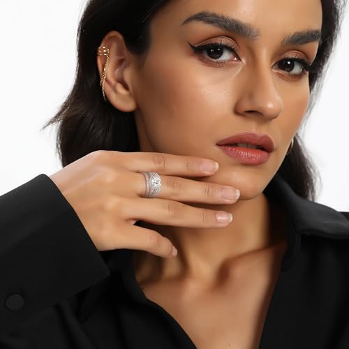 MDFUN 18K White Gold Plated Cubic Zirconia Square Halo Wedding Engagement Promise Eternity Ring for Women3