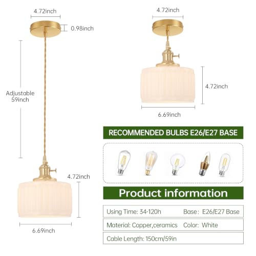Image of Shenmoyl Battery Operated Pendant Light 5000mAh Rechargeable Chandelier with Remote Control Wireless Adjustable Hanging White Striped Light for Kitchen Island Dining Room Hallway, 2 Pack