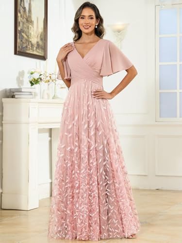 OFEYCHUN Mother of The Bride Dresses Sequin Chiffon V Neck Wedding Guest Dress with Sleeves4