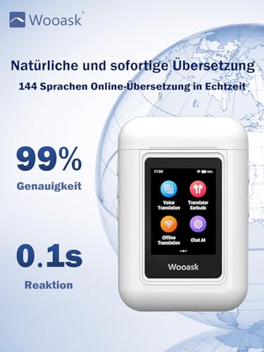 Wooask A8 Übersetzer KopfhöRer Echtzeit keine App erforderlich, Sprachübersetzer Gerät Ohrhörer Mit 144 Sprachen, 16 Sprachen Offline KI KopfhöRer Übersetzer Ohne Internet für Reisen, Business (Weiße)