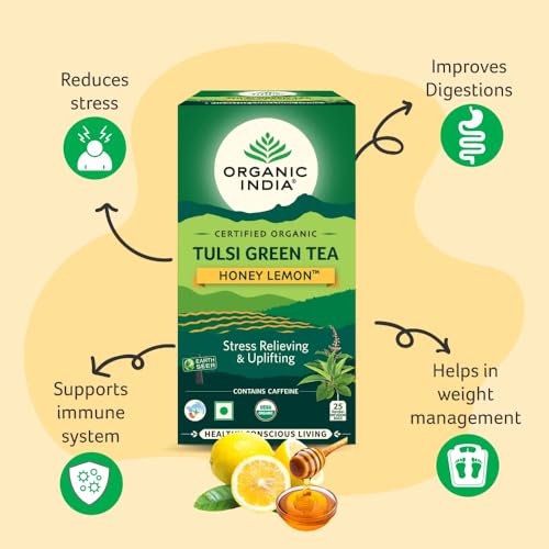 Image of ORGANIC INDIA Tulsi Green Tea Honey Lemon - 25 Tea Bags, Refreshing Blend with Tulsi, Green Tea, Lemon & Honey Flavors, Naturally Sourced Ingredients, Staple-Free Bags Certified Organic (Pack of 2)