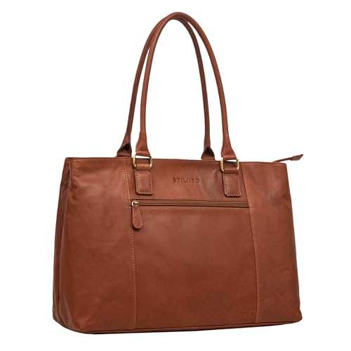 STILORD Marika Shopper Damen Groß Echtleder braun mit Laptopfach 15 6 Zoll ideal als Vintage Ledertasche Businesstasche Arbeitstasche Frauen Handtasche und Schultertasche