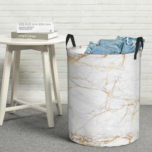 Image of Marble Print Round Laundry Hamper Storage Basket Toys Clothes Organizer Bin For Home Bathroom Bedroom Dorm Nursery, 62l