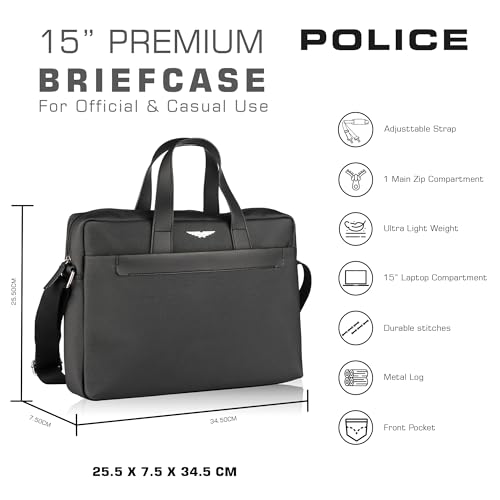 Image of Police Laptop Messenger Bag For Men and Women | 14 Inch Briefcase Leather Office Bag For Men With Splashproof And Padded Protection | Multipocket with Adjustable Shoulder Strap - Black