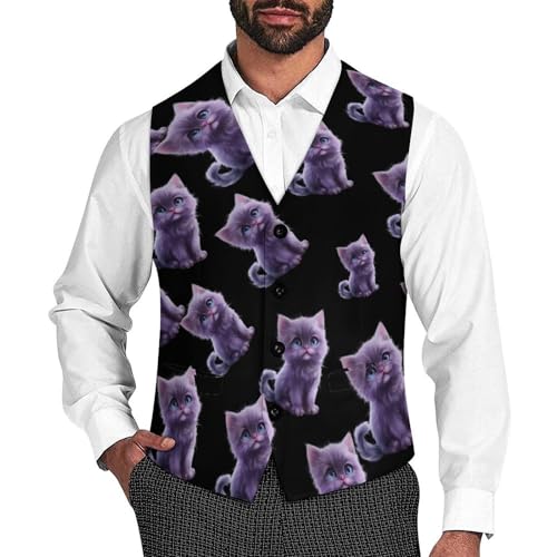 Purple Cute Cat Novelty Men's Suit Vest Funny Formal Dress Vests Business Waistcoat