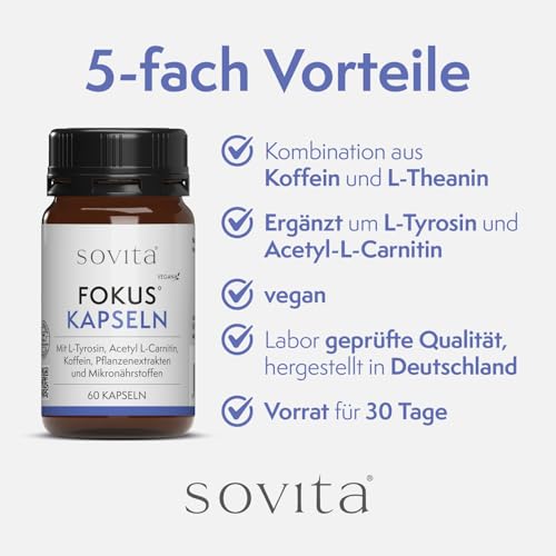 sovita Fokus Kapseln | Mit Koffein & Vitamin B12 für Konzentration & mentale Leistung | L-Tyrosin, Acetyl-L-Carnitin & L-Theanin aus grünem Tee | Zink für die kognitive Funktion | Vegan | 60 Kapseln