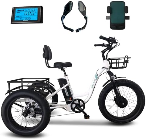 Emojo Electric Tricycle 20 x 4.0 Inch Fat Tire Caddy Pro Trike 500W 48V 7 Speed Hybrid Bicycle with Hydraulic Brake Oversize Rear Cargo and Front Basket for Heavy-Duty Carrying or Delivery