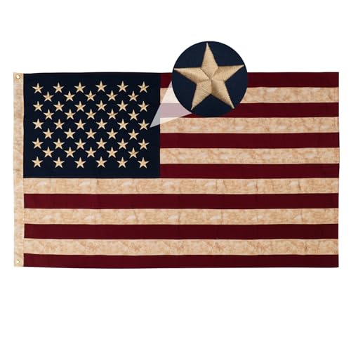 AMZFLAG Cotton Vintage American Flag 3x5 ft for Outside, Tea-Stained American USA Flags Heavy Duty Antiqued US Flags Cloth Aged Style with 2 Brass Grommet 4th of July 250 Anniversary