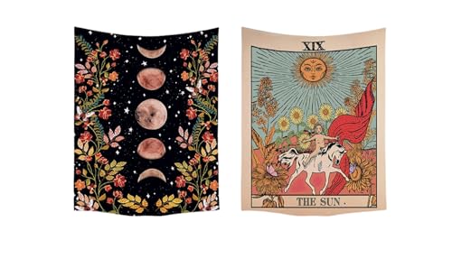 Ulticool – Tapiz Decoración para el hogar – Sol Naturaleza Flores Tarot Horóscopo Retro – Juego de 2 motivos – 73 x 95 cm – Toalla de pared – Accesorios para sala de estar habitación infantil