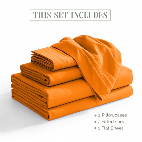 Image of Elegant Comfort Luxurious 1500 Premium Hotel Quality Microfiber Three Line Embroidered Softest 5-Piece Bed Sheet Set, Wrinkle and Fade Resistant, Split King, Orange