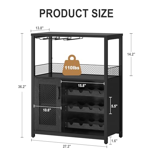 GarveeHome 3-Tier Wine Bar Cabinet with LED Lights & Wine Rack, Liquor Cabinet with Storage, Coffee Bar Cabinet with Glass Holder & Mesh Door, Sideboard Buffet Bar for Living Room, Dining Room, Black