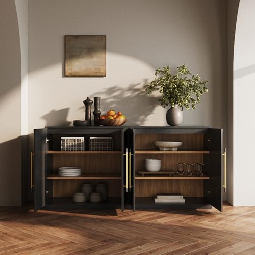 Image of BELLEZE 65 inch Arched Sideboard with Glass Door, Accent Buffet Cabinet with Storage and Adjustable Shelves, Classic Modern Large Console Table for Dining Room Living Room Entryway (Ebony)