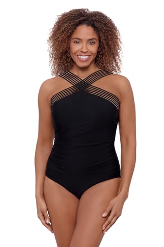 Aqua Green Women's Standard Full Coverage Novelty Trim High Criss Cross Neck One Piece Swimsuit
