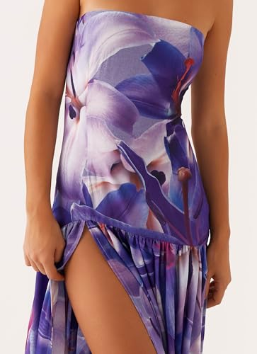 Image of Women Floral Strapless Maxi Dress Y2K Bodycon Tube Long Dresses Sexy Party Formal Cocktail Beach Slit Dress