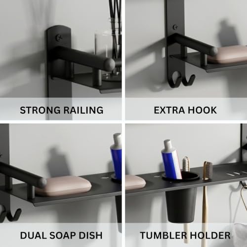 Image of GLOXY Premium Combo Pack of 2 Black Matte Finish Bathroom Shelf Rack - Wall Mount 4-in-1 Multipurpose Double Soap Stand with Toothpaste Holder and Hooks - Bathroom Fittings Accessories Set
