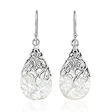 Floral Vine Ornate Teardrop White Mother of Pearl .925 Sterling Silver Dangle Earrings