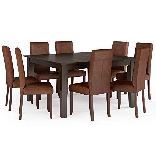 SIMPLIHOME Acadian 9 Pc Dining Set with 8 Upholstered Parson Chairs in Distressed Saddle Brown Linen Look Fabric and 54" Table