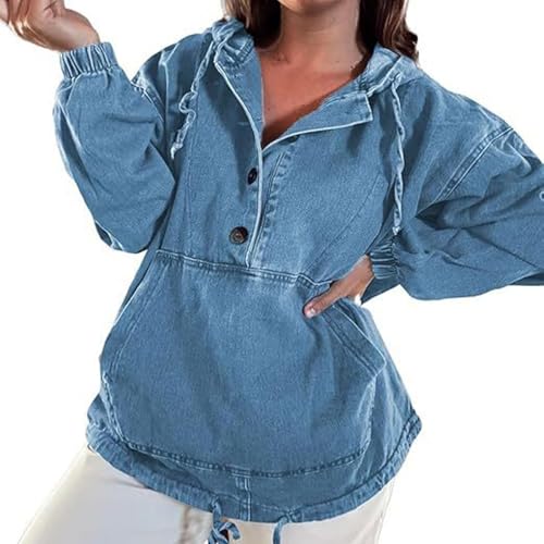 Women’s Denim Hoodie Jacket Lightweight Jean Pullover Casual Long Sleeve With Pocket Drawstring Hood Sweatshirt 20253