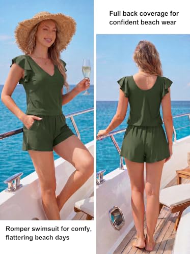 Image of Smismivo Swim Romper with Built in Bra and Pockets Swim Dress Modest One Piece Swimsuit Full Coverage Bathing Suit