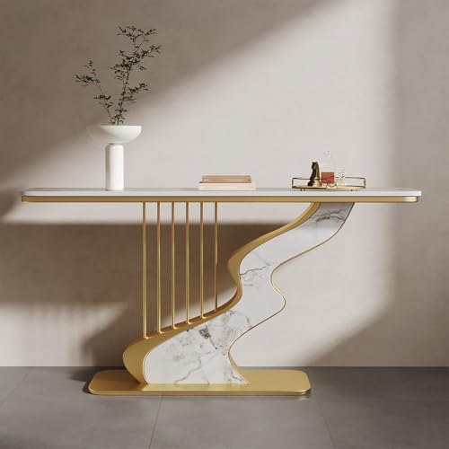 HLDJYLZS Mesa Consola Moderna Estrecha con Encimera de Piedra Sinterizada y Estructura Metálica, Mueble de Entrada, Mesa Detrás del Sofá para Pasillo, Recibidor y Salón